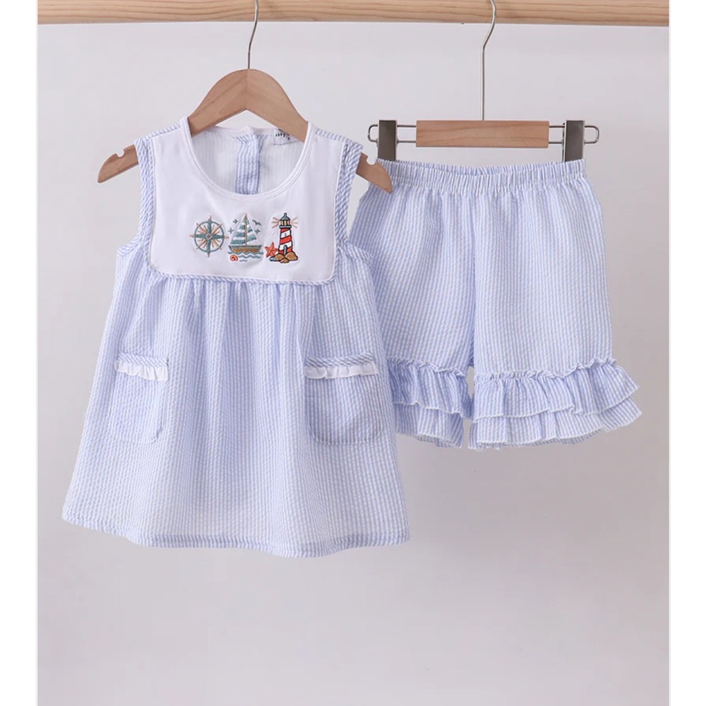 Light Blue Seersucker Girls Set with Nautical Embroidery Ruffle Shorts NWT 4 & 6